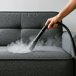 Technicien JJN Proclean nettoyant un canapé gris avec appareil à vapeur professionnel